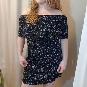 women's speckled black off-shoulder mini dress